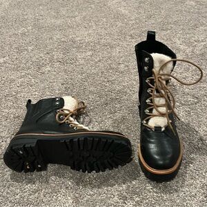 Nine West Black and Cream Fur Combat Boots, 7